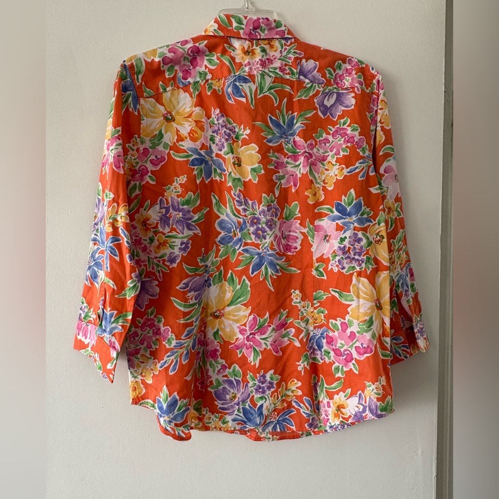 Ralph Lauren Orange tropical Floral 3/4 sleeve bottom up Shirt - Picture 2 of 7